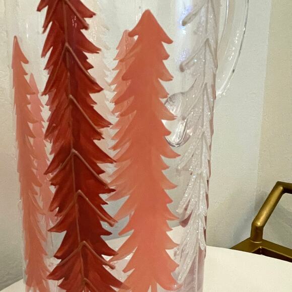 Hand-Painted Glass Pitcher Pink and White Christmas Pine Tree Forest New RARE - Picture 15 of 16